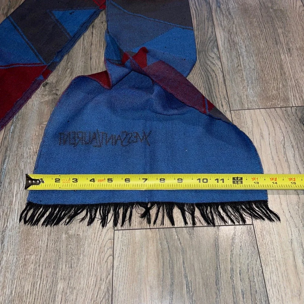 Vintage Yves Saint Laurent YSL Wool Scarf Geometric Diamond Blue Red Grey 66in